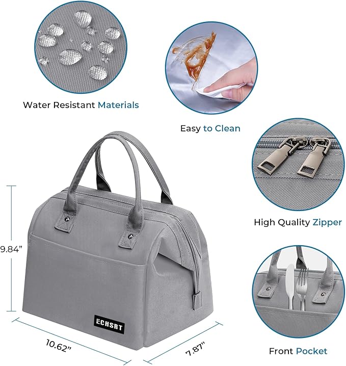 ECHSRT Large Insulated Lunch Bag for Women Men Leakproof Cooler Lunch Tote Bags for Work Travel Adult Thermal Lunchbox for Office -10L Grey