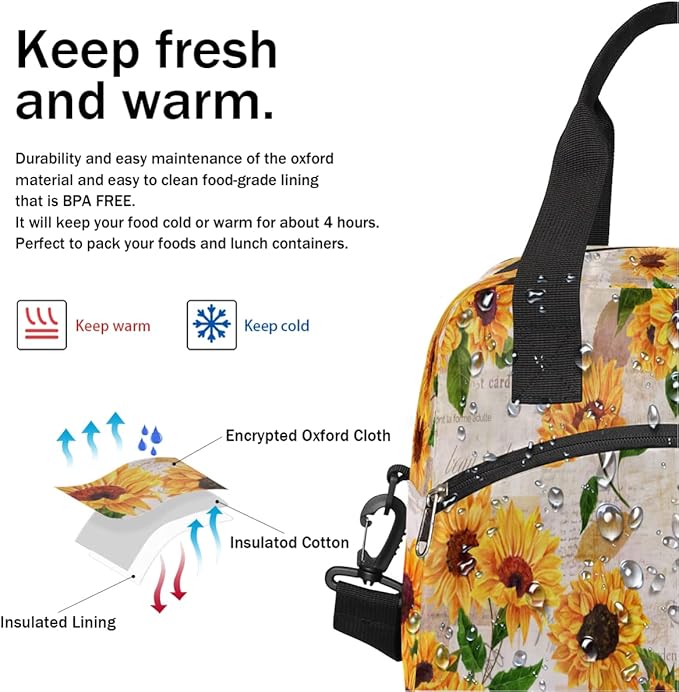 Sunflower Floral Insulated Lunch Bags for Women Men Adult Yellow Flower Reusable Lunch Tote Therma Cooler Bag with Shoulder Strap Lunch Box for School Work Office Picnic Meal Prep Bag