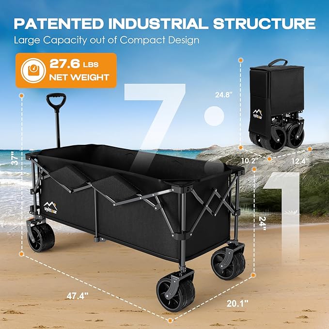 300L Extra Large Collapsible Foldable Wagon, 440lbs Load Capacity 48''L Extended Heavy Duty Folding Beach Wagon with Big All-Terrain Wheels, Utility Garden Cart for Outdoor Activities, Black