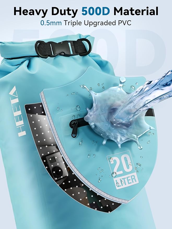 HEETA Waterproof Dry Bag with Front Zippered Pocket for Women Men, 5L/10L/20L/30L/40L Roll Top Lightweight Dry Storage Bag Backpack for Travel, Kayaking, Boating, Rafting, Camping, Hiking & Beach