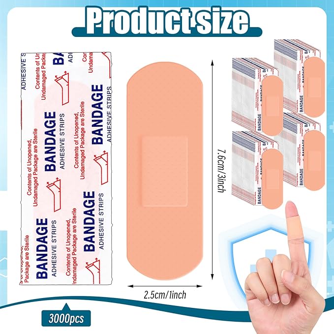 Timgle 3000 Pcs 1" x 3" Adhesive Bandages Bulk Breathable Waterproof Bandages for Sensitive Skin First Aid Kits