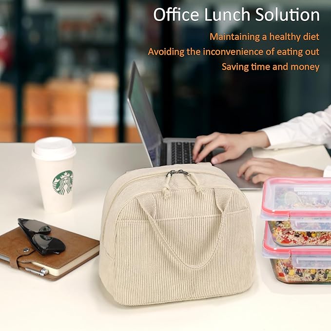 Corduroy Lunch Tote Bag, Pure Beige, Insulated Thermal Cooler, Portable and Large Capacity for Office, School, or Picnic, 8.5L