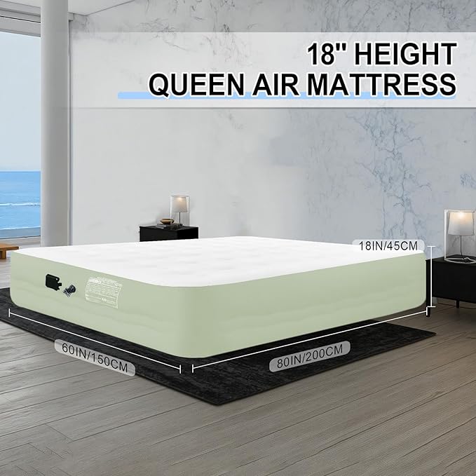 Queen Air Mattress with Built-in Pump | 3-Min Fast Inflation & 600lbs Support | 18" Dutch Velvet Top for Camping, Guest Bed | Portable Inflatable Mattress (Green
