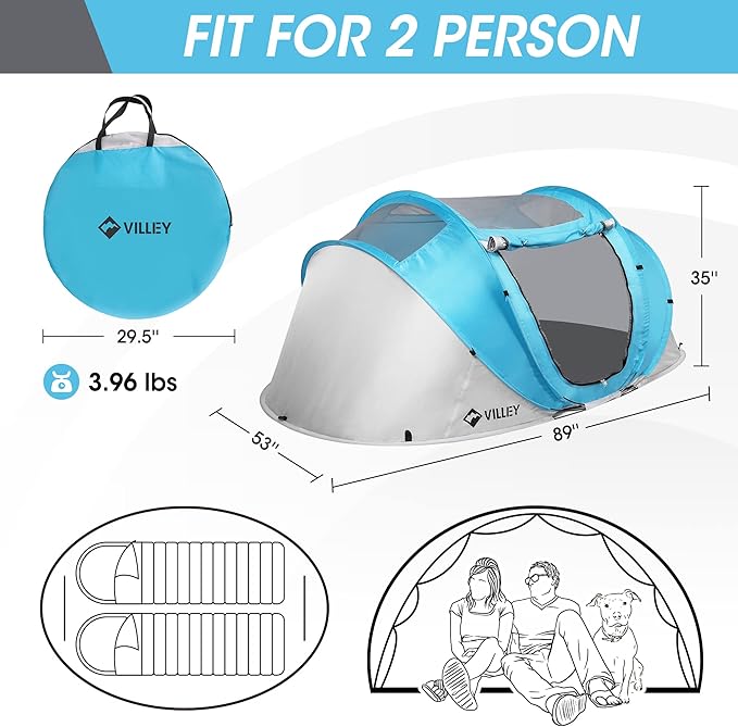 VILLEY 2 Person Easy Pop Up Tent, Waterproof Automatic Setup Instant Lightweight Camping Beach Tent with Carrying Bag for Camping, Hiking & Traveling