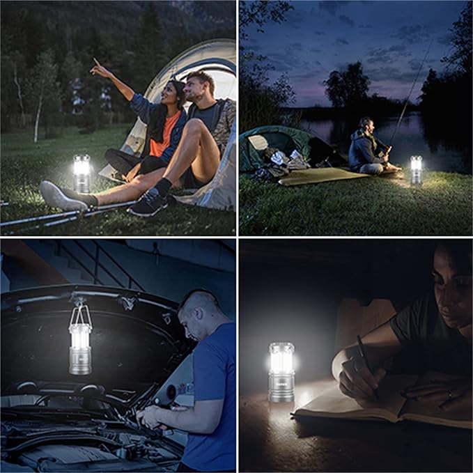 GEMEK Camping Lantern, 2 Portable LED Battery Powered Lantern with Magnetic Base & Foldable Hanging Hook- Collapsible Lamp Perfect for Power Outages, Hiking, Campsites, Roadside Car Repair (Gray)