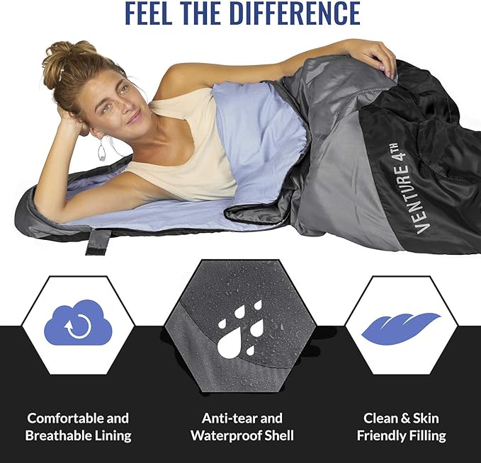 VENTURE 4TH Backpacking Sleeping Bag – XXL, Double and Single Sizes - Lightweight Warm & Cold Weather Sleeping Bags for Adults, Kids & Couples – Ideal for Hiking, Camping & Outdoor Adventures