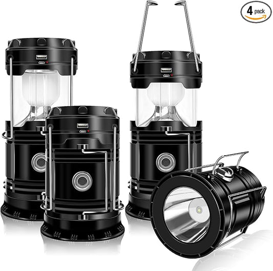DIBMS 4-Pack Solar Camping Lantern, Collapsible LED Solar USB Rechargeable Lantern Flashlight Emergency Hanging Lights for Camping Hurricanes Power Outages Indoor Outdoor