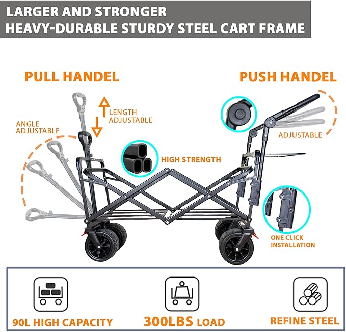 Collapsible Wagon Folding Garden Cart with Removable Canopy Utility Wagon Cart with All-Terrain Wheels Brake Beach Cart for Sand Heavy Duty Beach Wagon for Camping Shopping (Black)
