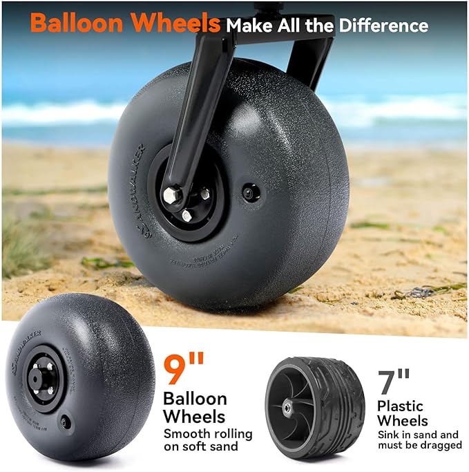 Hikenture Beach Wagon with Balloon Wheels, 9" PU Tires Collapsible Wagon, 308lbs Heavy Duty Beach Cart with Big Wheels for Sand, Large Capacity Utility Wagons Carts Foldable
