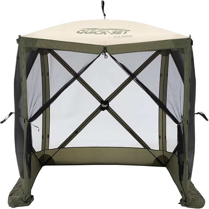 CLAM Pop Up Screen Tent, Outdoor Camping Gazebo Canopy, Traveler, 6', Green/Tan