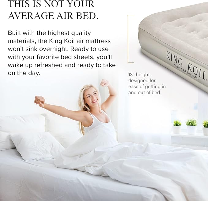 King Koil Luxury Queen Size Air Mattress with Built-in High-Speed Pump Best for Home, Camping, Guests, 13" Queen Size Luxury Double Airbed Adjustable Blow Up Mattress, Waterproof, 1-Year Warranty