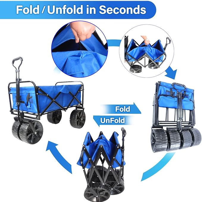 Collapsible Folding Wagon Garden Shopping Beach Cart,Heavy Duty Utility Buggy with Big Wheels,Adjustable Handle and Cup Holder,for Sand,Camping,Outdoor,40.55",Blue