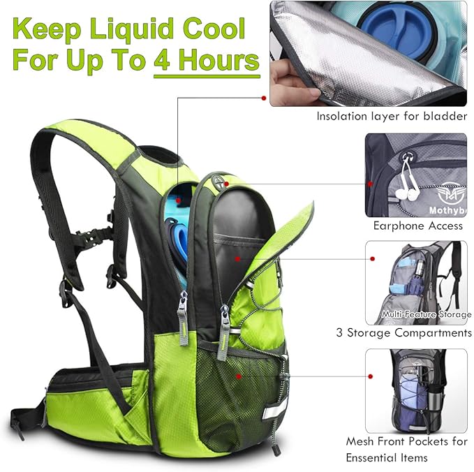 Hydration Pack, Insulated Hydration Backpack with 2L BPA Free Water Bladder and Storage, Hiking Backpack for Men, Women, Kids for Running, Cycling, Camping - Keep Liquid Cool up to 5 Hours