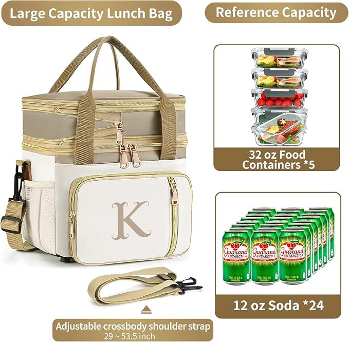 LOKASS Personalized Lunch Bag for Women Work, 16L Initial Insulated Lunch box for Adult/Womens Gift, Leakproof Personalized Gift Lunchbag with Adjustable Shoulder Strap, Cooler Bag Beige - D