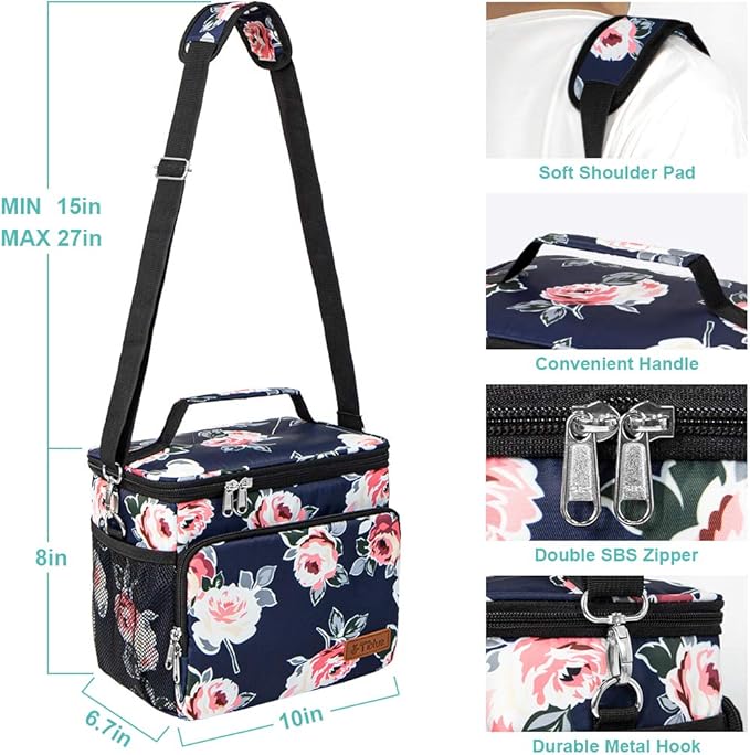 Tiblue Insulated Lunch Bag for Women/Men, Reusable Lunch Box for Office Work School Picnic Beach, Leakproof Freezable Cooler Bag with Adjustable Shoulder Strap for Kids/Adult(Medium, Romantic Rose)