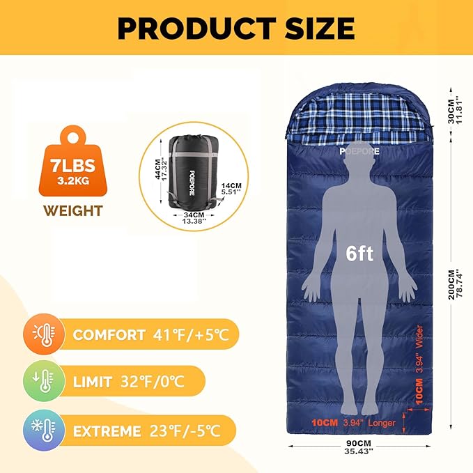 Flannel Sleeping Bag 0 Degree Cold Weather for Adults XXL Sleeping Bag 4 Season Big and Tall with Compression Sack