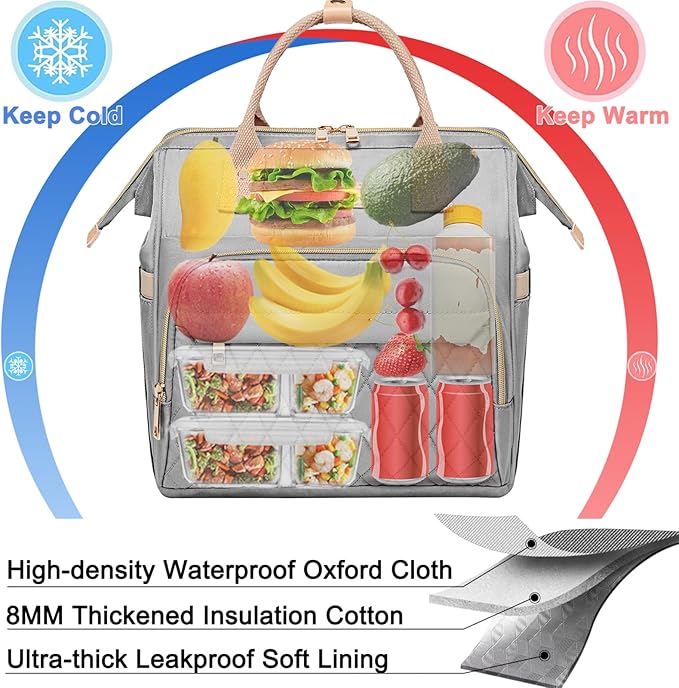 AIJIEKE Lunch Bag for Women, Large Lunch Box for Work Insulated Lunch Bag, Adult Leakproof Lunch Tote Cooler Bag with Side Pockets & Adjustable Strap, Lunch Purse for Picnic Beach Hiking, Grey