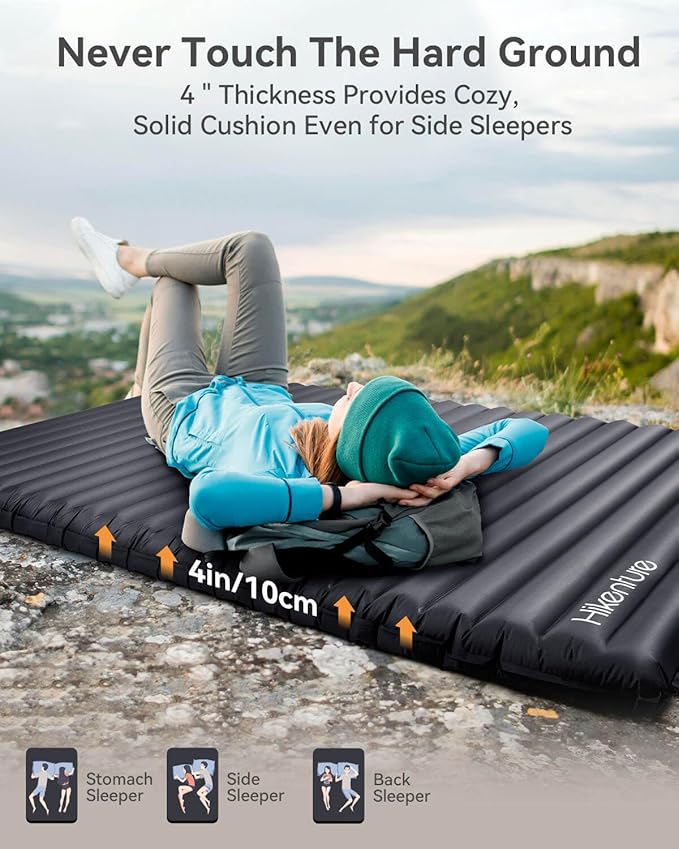 Hikenture Double Sleeping Pad for Camping, 4" Extra-Thick Camping Mattress 2 Person, Inflatable & Ultralight Sleeping Mat for Backpacking, Hiking (Grey Pumpsack, Full XL)