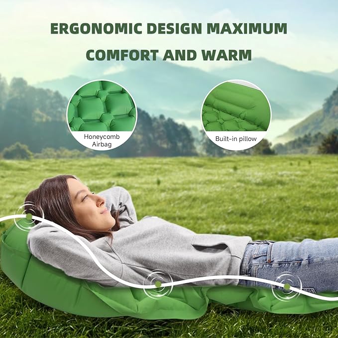 Inflatable Sleeping Pad with Pillow for Camping-Built in Foot Pump Fast Inflation-Ultralight Upgraded Durable Compact Sleeping Mat Moisture Proof Air Mattress for Backpacking,Hiking,Travel,Tent