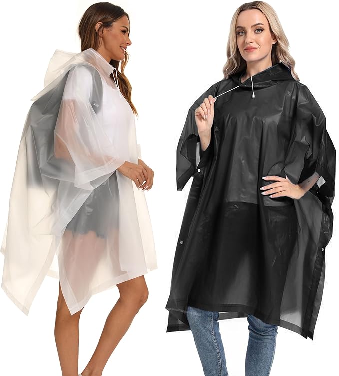 Reusable Rain Ponchos with Drawstring Hood for Adults, Waterproof Thicken Rain Coat, 2 Packs
