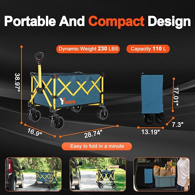 Collapsible Wagon Cart with Wheels Foldable, Folding Wagon Cart with All Terrain Wheel, Large Grocery Carts On Wheels, Heavy Duty Utility Wagons for Shopping Beach Sports Fishing Camping, 110L, Green