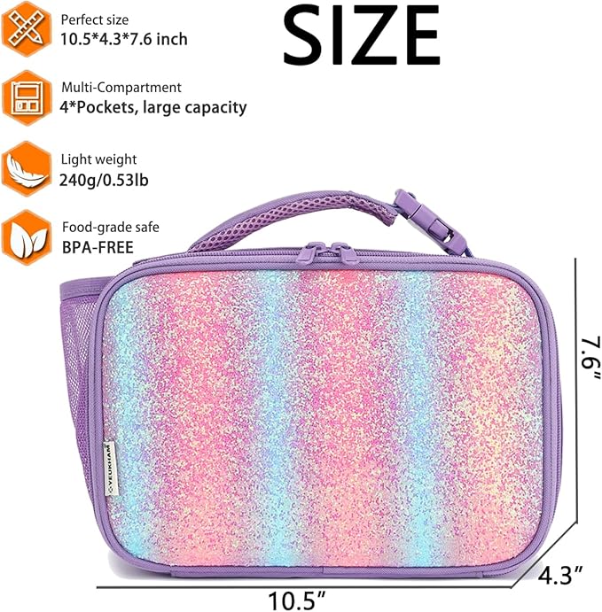 Insulated Lunch Box for School, Thermal Reusable Durable Freezable Lunch Bags for Kids Boys Girls Men Women - Small Soft Cooler Portable Lunch Tote Kit for Work Picnic Travel,Purple Glitter