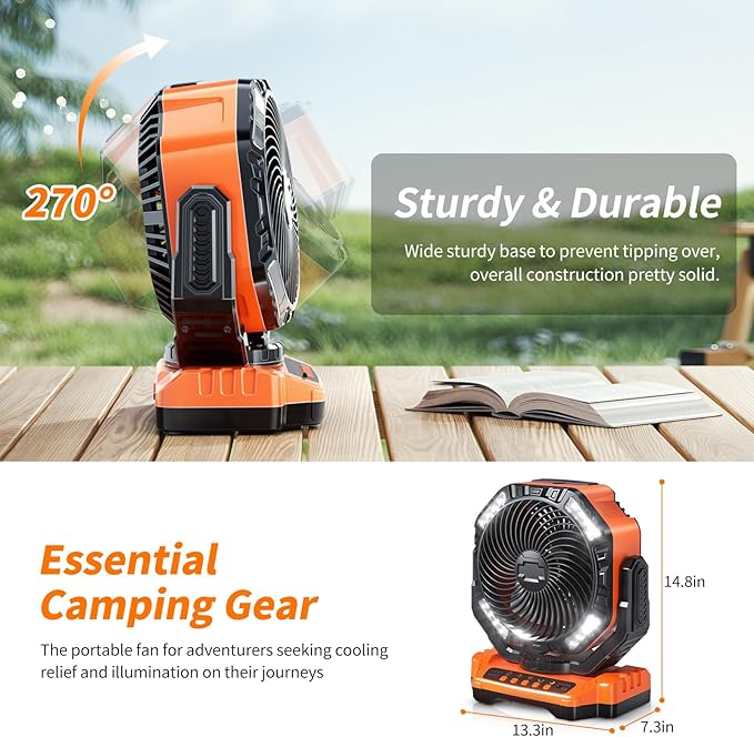 Camping LED Fan with Light, 40000mAh Rechargeable Battery Powered Outdoor Tent Fan with Light and Hook, 4 Speed, Personal USB Desk Fan for Camping, Fishing, Power Outage,Hurricane, Worksite