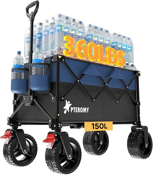 PTEROMY 150L Collapsible Wagon Cart Foldable, 360lbs Load Bearing Beach Cart Foldable Wagon for Shopping, Camping, Garden, Grocery, Outdoor (Black+Blue)