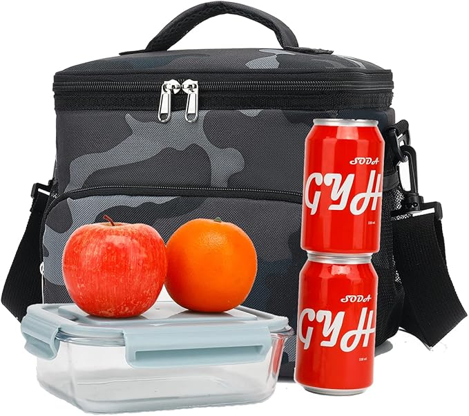Insulated Reusable Lunch Bag Adult Large Lunch Box for Women and Men with Adjustable Shoulder Strap,Front Zipper Pocket and Dual Large Mesh Side Pockets,Black Camo