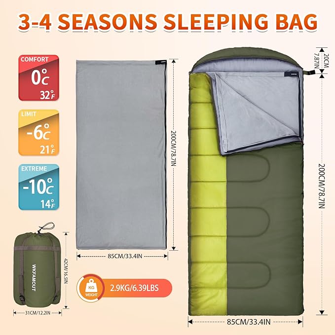 XL 10 Degree Sleeping Bags Waterproof for Adults 350GSM Machine Washable with Compression Sack for 3-4 Season Camping Outdoor