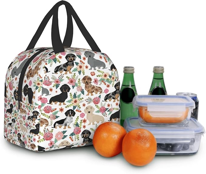 Giwawa Dachshund Floral Lunch Bag- Weiner Dog Flowers Insulated Reusable Lunch Box- Kids Thermal Cooler Lunch Tote Handbag for Women Girls Men Boys Travel