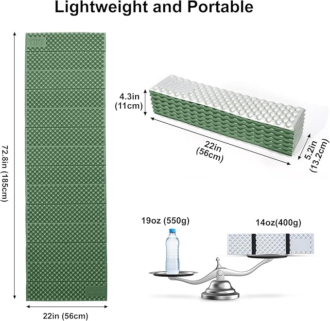 YIKI Closed Cell Foam Sleeping Pad for Camping, 72.8x22 inch, Ultralight Foldable Foam Sleeping Mat with Heat Reflective Layer, Waterproof Backpacking Pad for Hiking, Tent, Outdoor Use