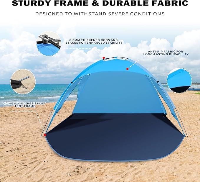 Beach Tent for 3-4 People, UPF50+ Sun Shelter with Breathable 3-Zipper Door Design, 8.0mm Reinforced Fiberglass Poles, Portable Shade Canopy for Beach & Camping (Blue)