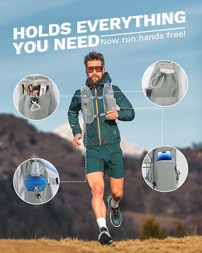 Running Vest for Women and Men, Hydration Backpack for Runners, Trail, Hiking, Biking and Walking, with Front Phone Holder, Adjustable Chest and Waist Strap