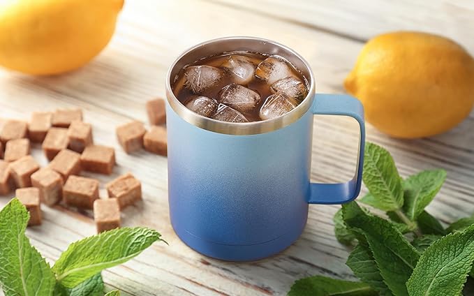 MEWAY 12oz Coffee Mug With Handle and Sliding Lid,Stainless Steel Travel Tumbler Cup with Handle,Double Wall Vacuum Insulated Camping Cup for Hot & Cold Drinks Tea (Blue Waves,Set of 1)