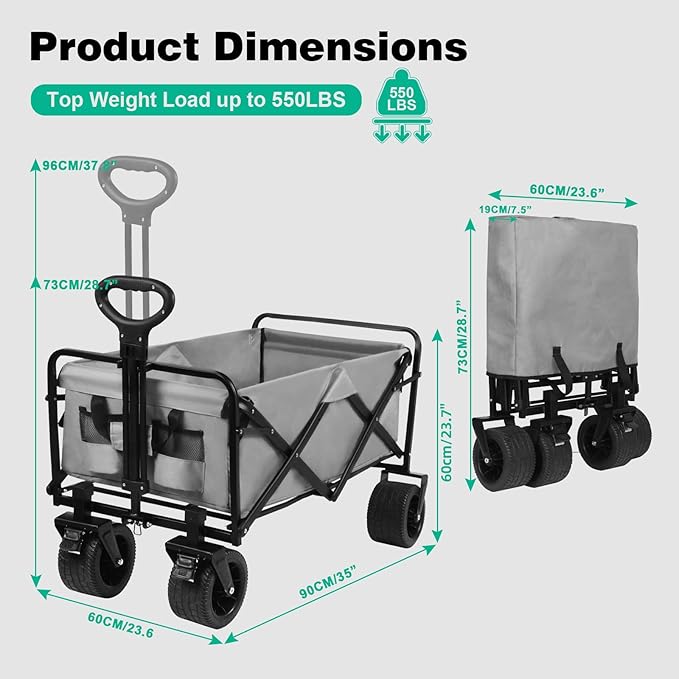 MMQ Heavy-Duty Folding Wagon with 550lbs Weight Capacity, Collapsible Wagon with Big Wheels - Robust Construction, Spacious Interior, Adjustable Rolling Carts, Outdoor Folding Camping Wagons, Portable