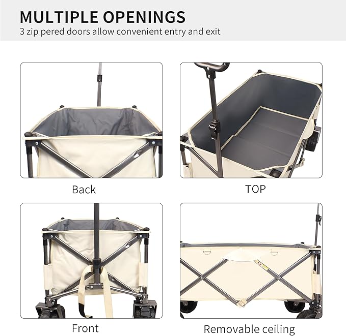 Collapsible Folding Wagon with Big Wheels,Heavy Duty Utility Beach Buggy Cart w/Adjustable Handle and Drink Holder,for Sand,Shopping,Camping,Garden,Outdoor,44.9",White