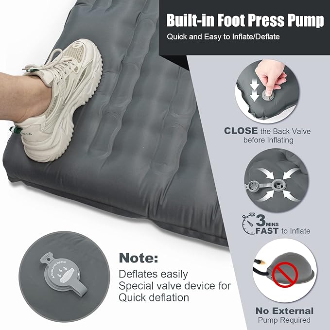 Double Sleeping Pad for Camping with Built-in Foot Pump, Extra Thick 4.7 Inch Inflatable Sleeping Pat and Pillow for Backpacking, Hiking, and Traveling