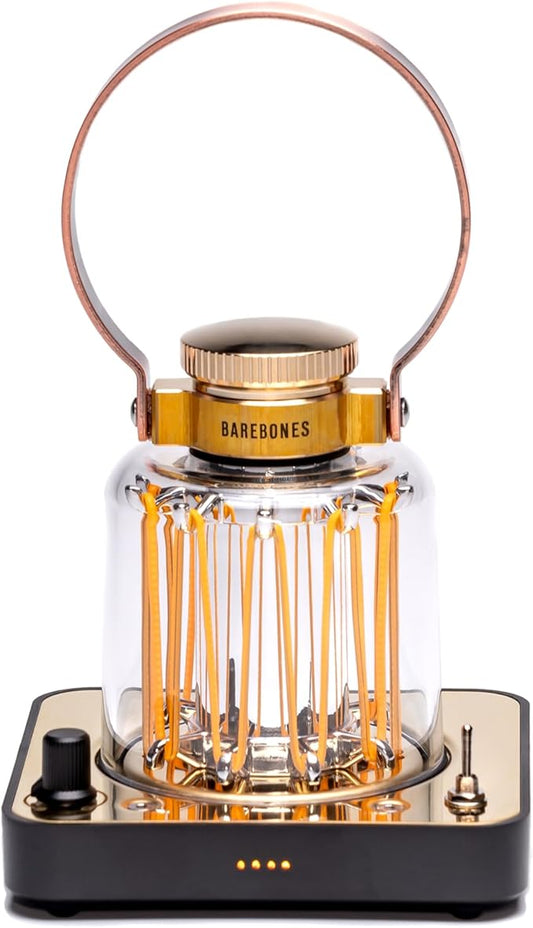 Barebones Block Tower Lantern – Rechargeable LED Lantern with Adjustable Brightness, Candle Flicker Mode, Brass & Copper Finish, Portable Light for Indoor and Outdoor Use