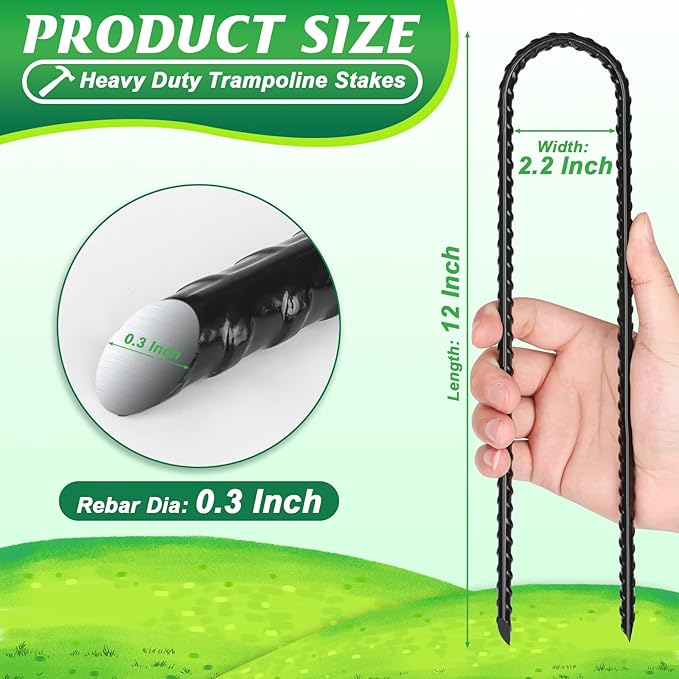 Gtongoko Trampolines Wind Stakes 16 Pack 12 Inch, 0.3 Inch Thick Heavy Duty U Shaped Rebar Tent Stakes Ground Anchors Galvanized Steel Safety Trampoline Anchors for Camping Tents, Soccer Goals