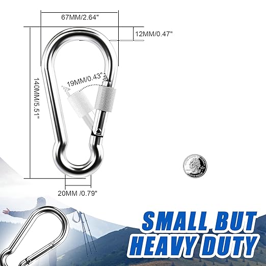 KINLINK 2 Pack Screw Locking Carabiner - 5.50 inch Heavy Duty Carabiner Clips, 304 Stainless Steel Large Caribiner for Camping, Swing, Hammock, Hiking,Weight Lifting Machine, Home Gym Equipment