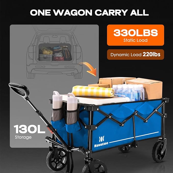 Navatiee 130L Collapsible Folding Wagon, Large Capacity Foldable Wagon with Silent All-Terrain Wheels, Utility Grocery Wagon Cart for Camping Shopping Outdoor, Blue