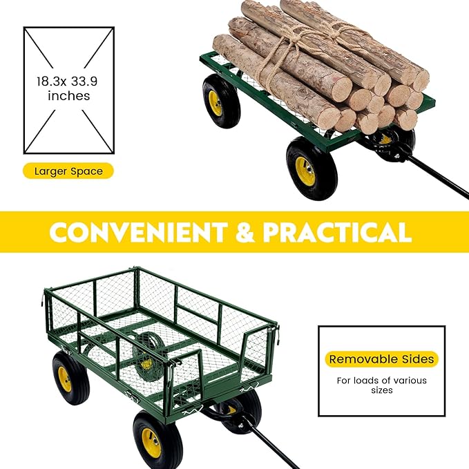 Steel Garden Cart, 2-in-1 Heavy Duty Utility Wagon 500 LBS Capacity Carts with Removable Mesh Sides to Convert into Flatbed, 240° U-Turn 10" Pneumatic Tires Garden Wagon for Lawn Camping Farm Yard