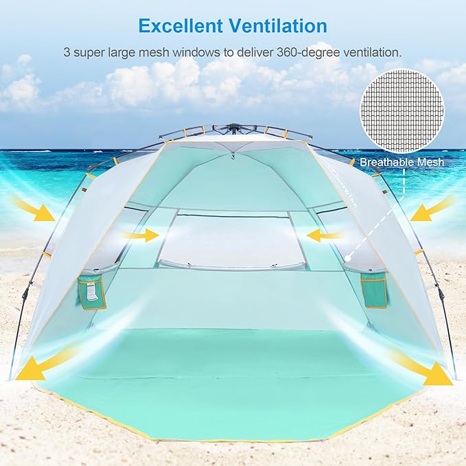 WolfWise 6-7 Person Easy Up Beach Tent UPF 50+ Portable Instant Sun Shelter Canopy Umbrella with Extended Zippered Porch, Mint Green
