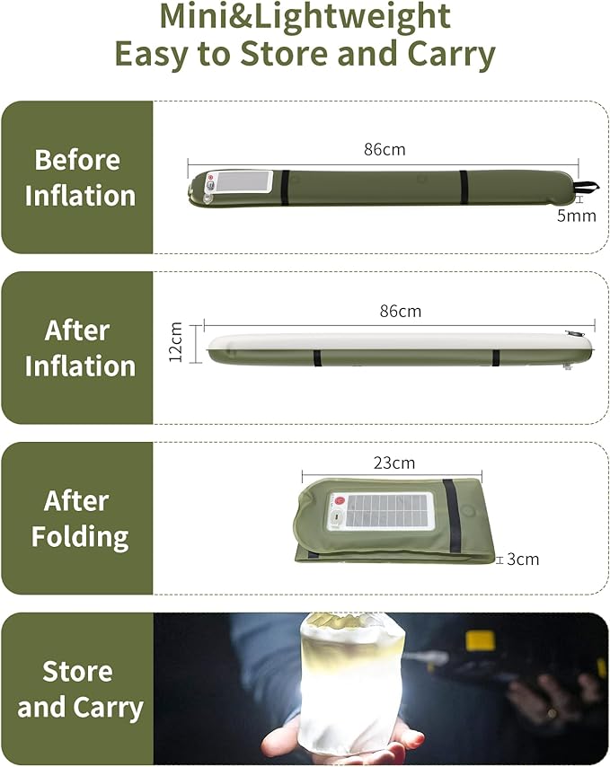 Solar/Type-C Rechargeable Camping Light Bar, IP66 Waterproof LED Tube, TPU Ultralight Electric Light, 2000mAh Foldable Inflatable Outdoor Tent Light for Camping, Hiking, Traveling, Party (Green 2 PCS)