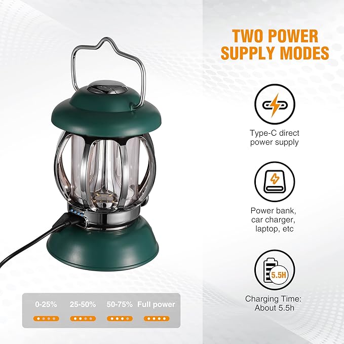 EverBrite Camping Lantern Rechargeable, Retro Metal Camping Light, 4400mAh Battery Powered Hanging Vintage Camping Lamp, 3 Light Modes, Outdoor Tent Light, Emergency Lantern for Power Outage - Green