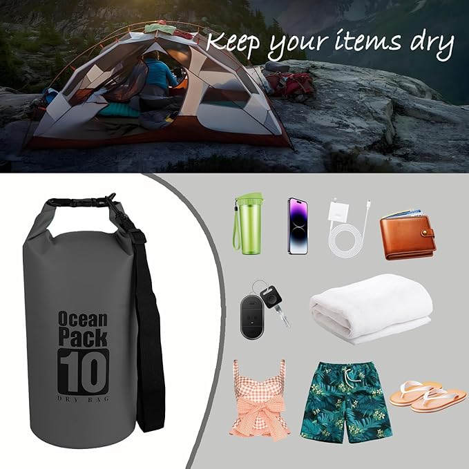 Floating Waterproof Dry Bag Backpack 5L/10L/20L, Roll Top Bag for Kayaking, Rafting, Boating, Swimming, Camping, Hiking, Beach, Fishing, Waterproof Beach Bag. (Gray, 10L)