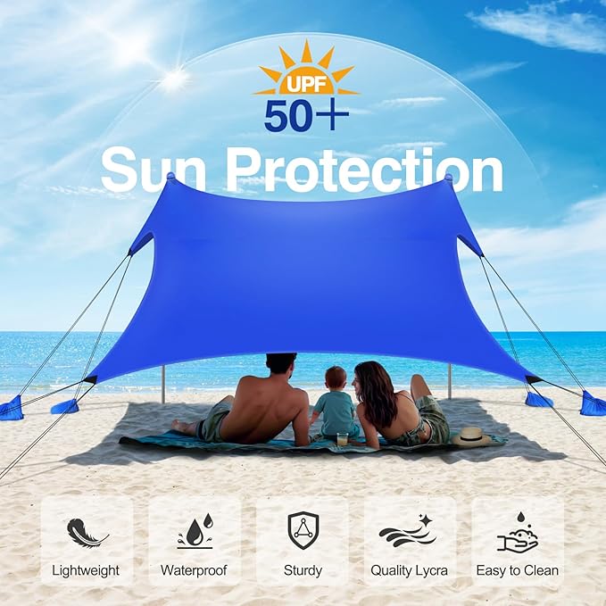 Rhino Valley Beach Tent Sun Shelter, 10x10FT Beach Canopy Tent Sun Shade UPF50+ Protection with 8 Sandbags 4 Stability Poles, Outdoor Beach Shade Canopy 6-8 People for Beach Camping Fishing