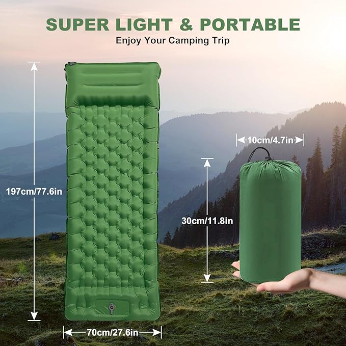 MINGPINHUIUS Camping Sleeping Pad with Pillow: Extra Thick 4.7 Inch Ultralight Self Inflating Air Mat, Connectable 50D Insulated Sleep Mattress for Backpacking, Camp, Hiking, Tent (Olive Green)