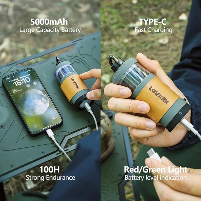 7-in-1 Modular Camping Lantern Rechargeable, 5000mAh, 500LM, IPX4 Waterproof, Fan, Bluetooth, Multi-Function Portable Flashlight, Camping Essentials Set for Emergency, Hiking, Fishing (Green)